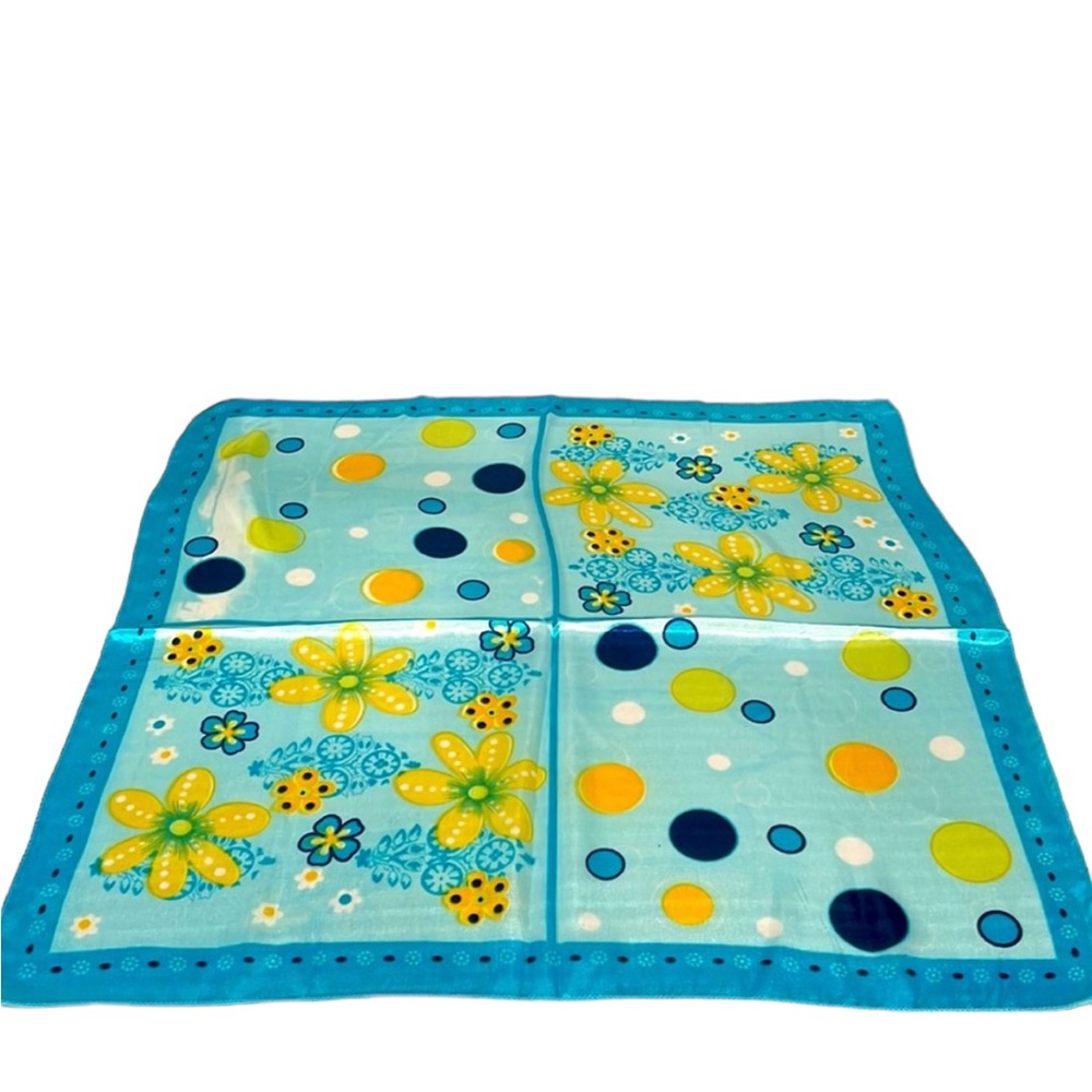 Blue and yellow silk scarf. Flowers and dots. NWT